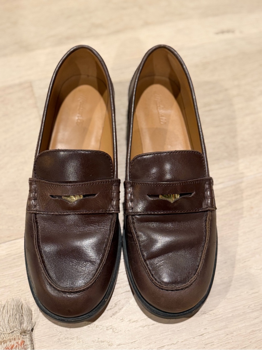 Madewell Brown Leather Penny Loafers with Gold Accent
